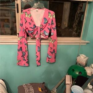 iHeartRaves Pink Butterfly Tie-Front Blouse